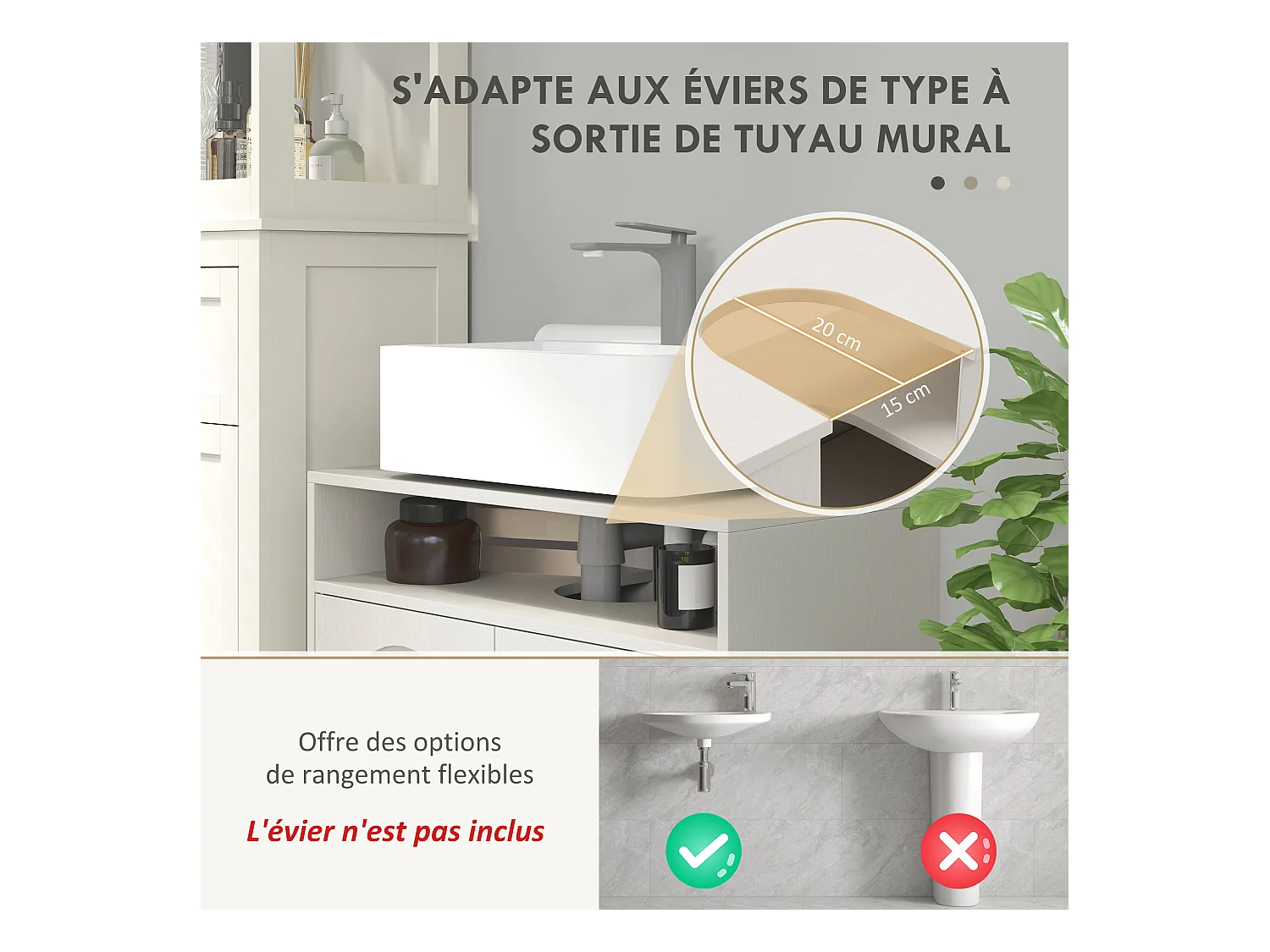 Meuble sous vasque - 2 portes, étagère, niche - MDF crème