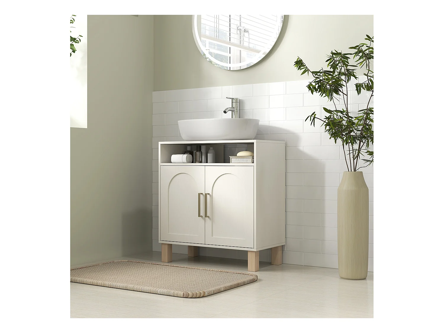 Meuble sous vasque - 2 portes, étagère, niche - MDF crème