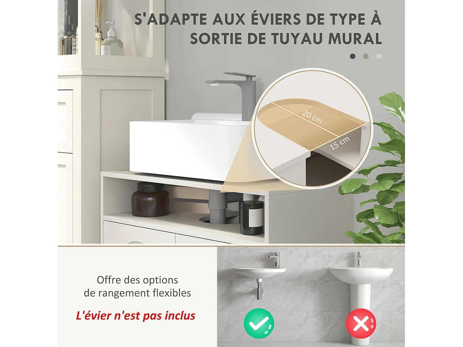 Meuble sous vasque - 2 portes, étagère, niche - MDF crème