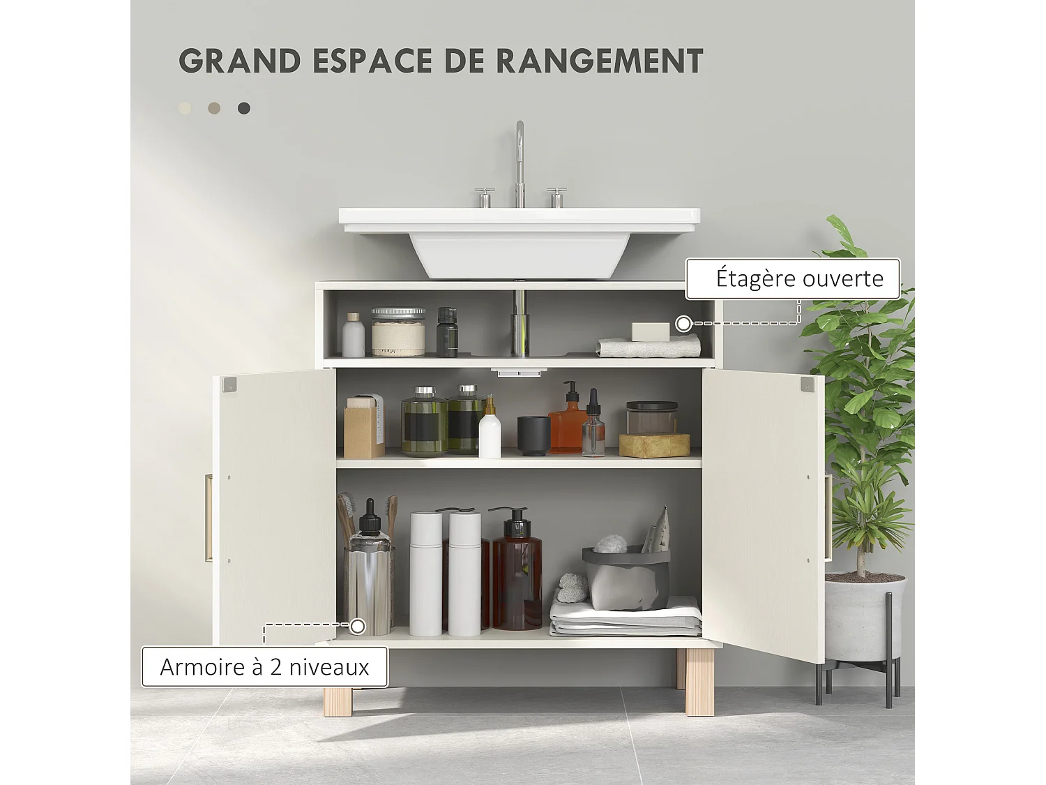 Meuble sous vasque - 2 portes, étagère, niche - MDF crème