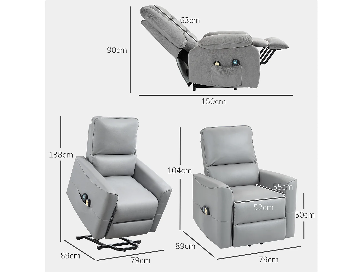 Fauteuil releveur massant chauffant inclinable - télécommande - tissu technique gris clair