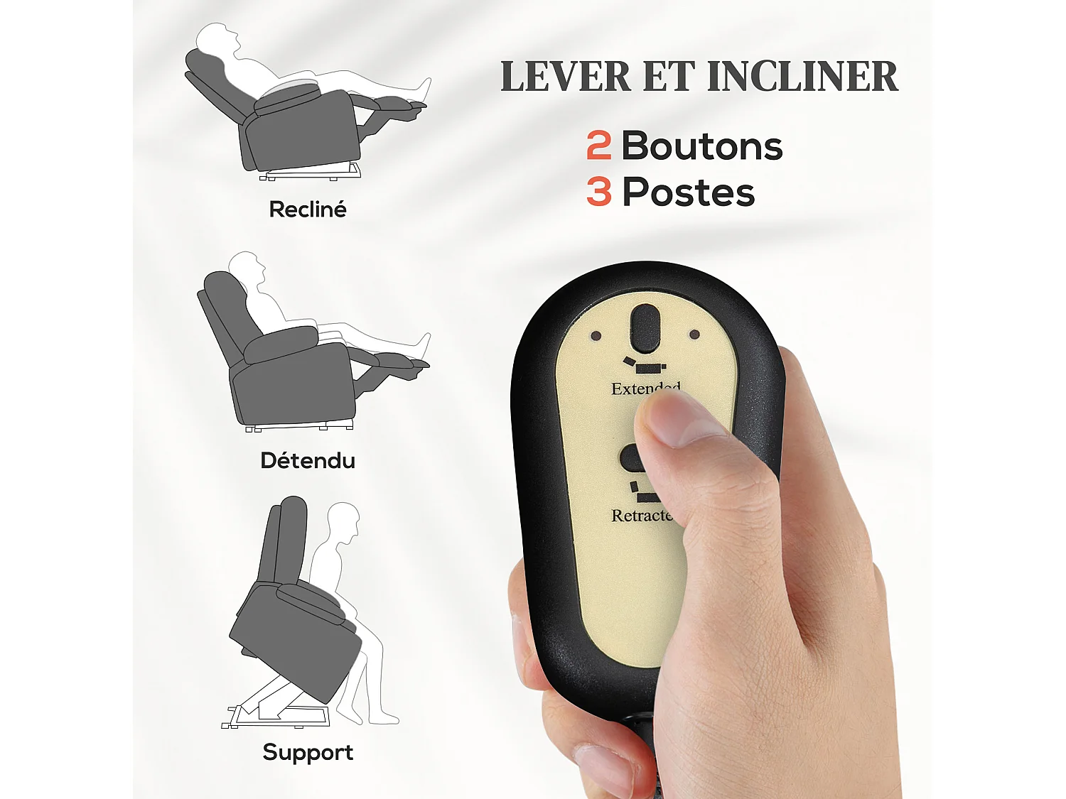 Fauteuil releveur massant chauffant inclinable - télécommande - tissu technique gris clair