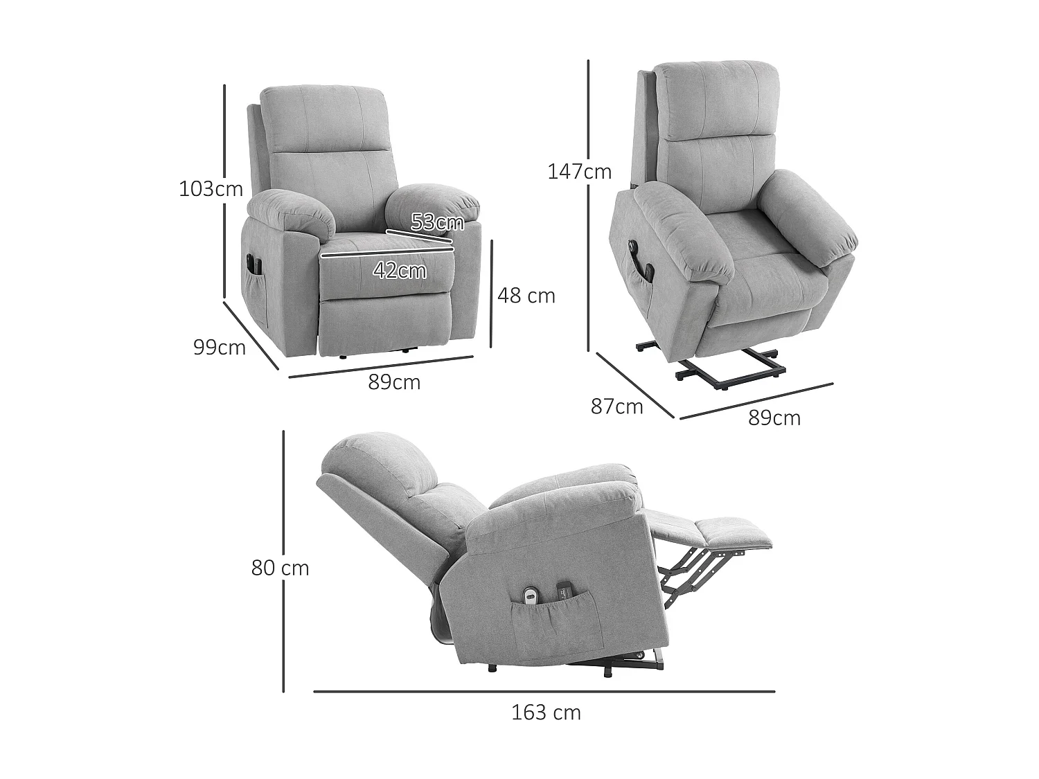 Fauteuil de massage fauteuil releveur électrique inclinaison réglable repose-pied ajustable tissu gris clair