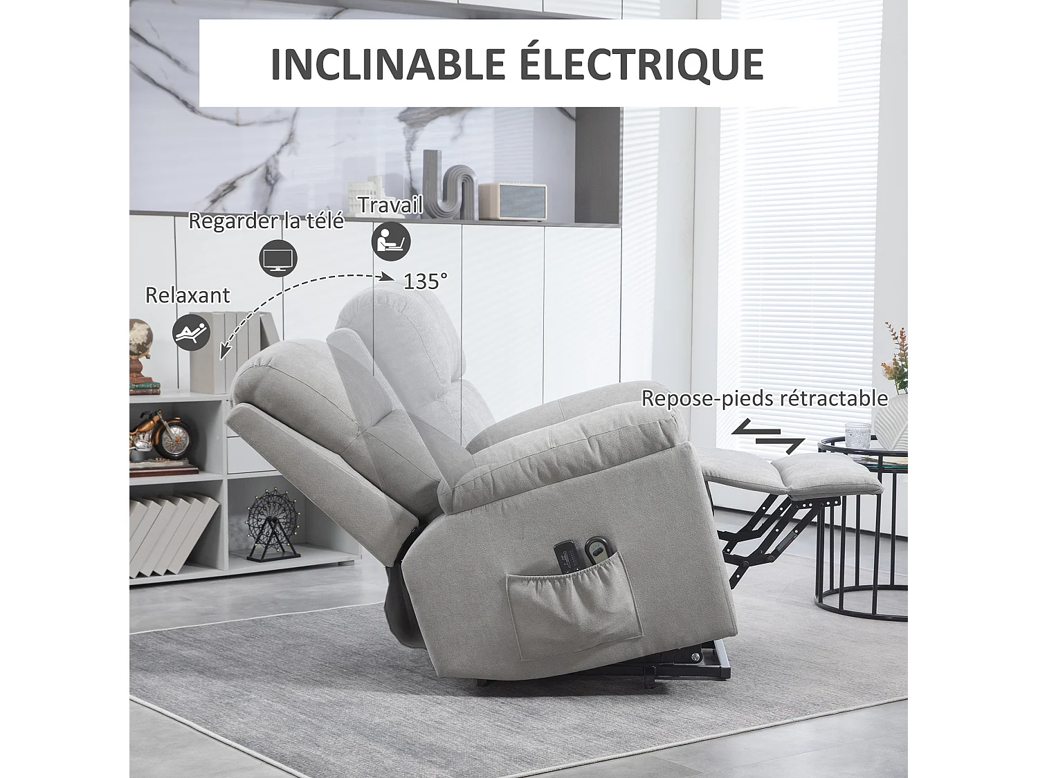 Fauteuil de massage fauteuil releveur électrique inclinaison réglable repose-pied ajustable tissu gris clair