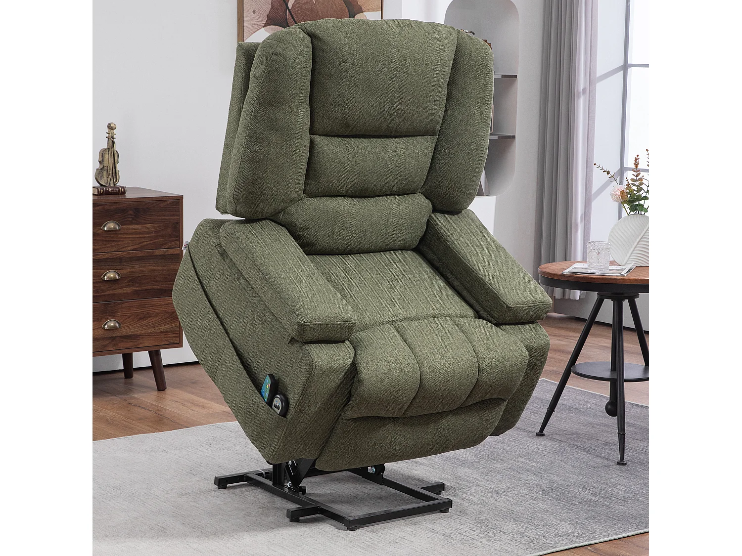Fauteuil releveur électrique massant chauffant inclinable - repose-pied intégré, 2 télécommandes - tissu vert