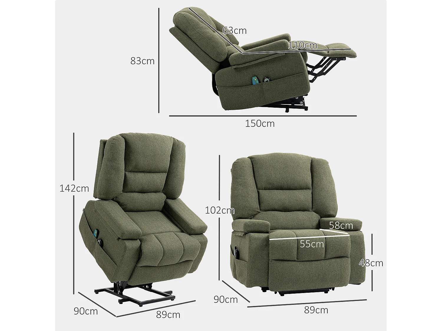 Fauteuil releveur électrique massant chauffant inclinable - repose-pied intégré, 2 télécommandes - tissu vert