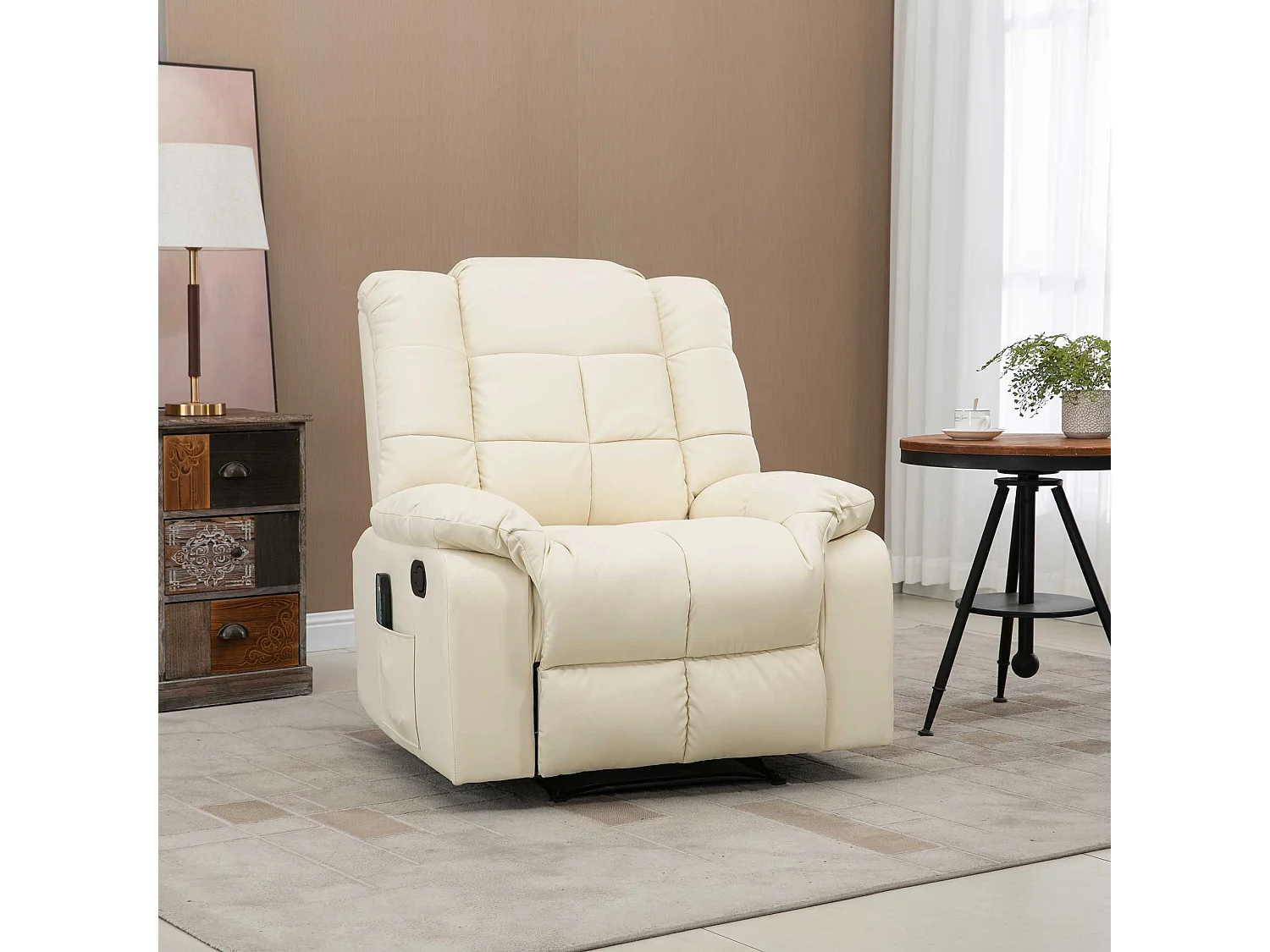 Fauteuil luxe de relaxation et massage inclinaison dossier repose-pied réglable revêtement synthétique crème