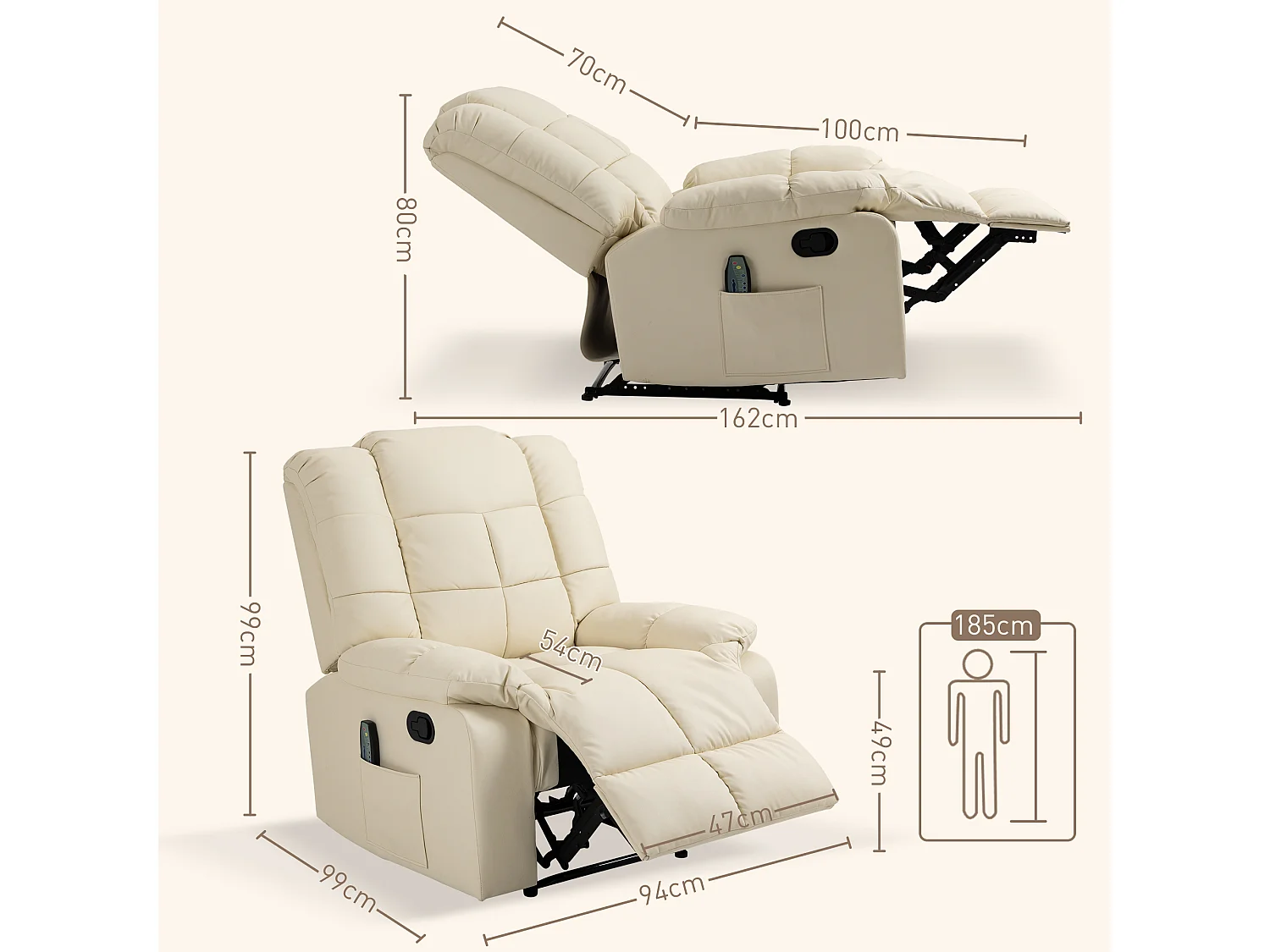 Fauteuil luxe de relaxation et massage inclinaison dossier repose-pied réglable revêtement synthétique crème