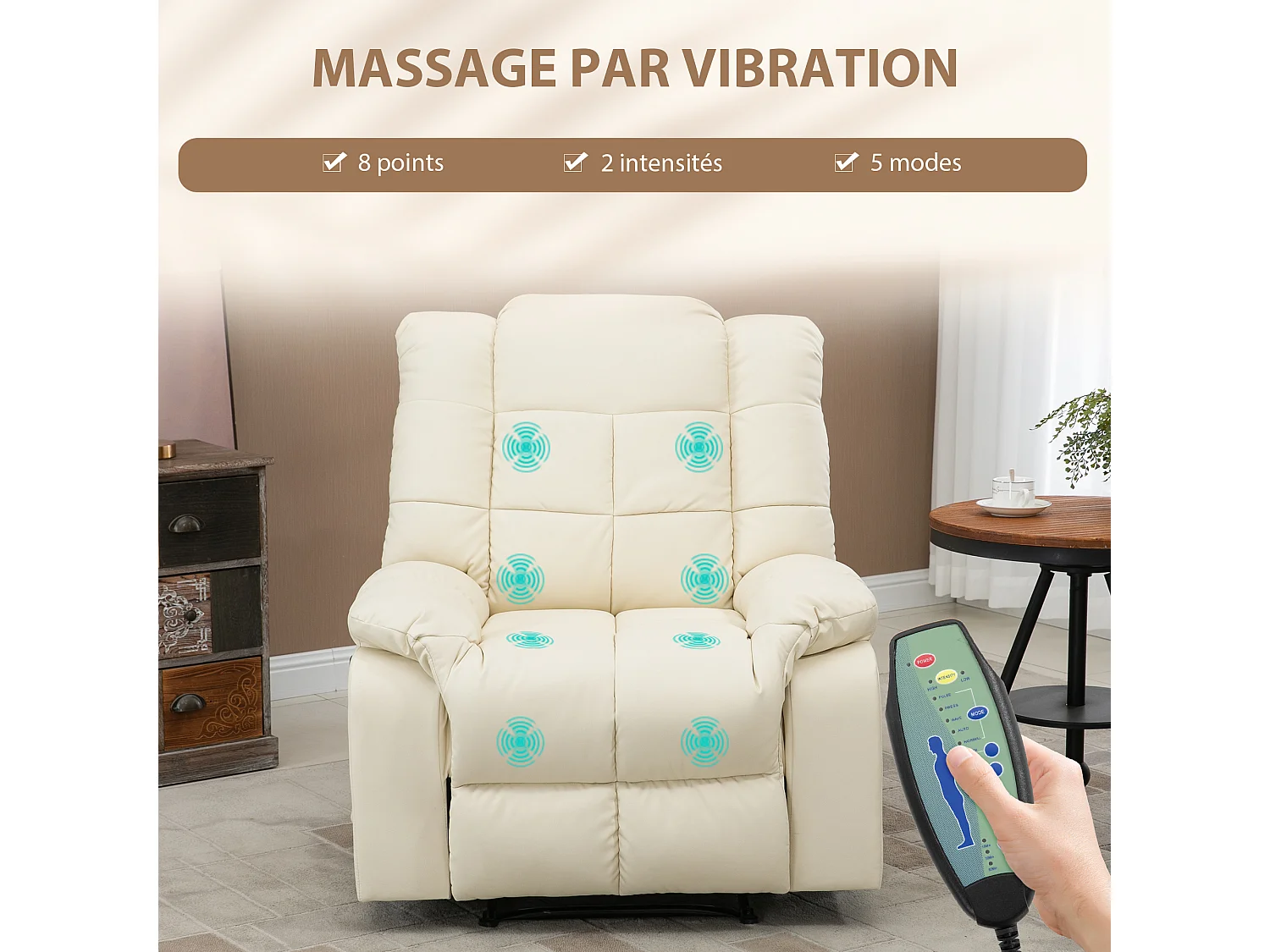 Fauteuil luxe de relaxation et massage inclinaison dossier repose-pied réglable revêtement synthétique crème