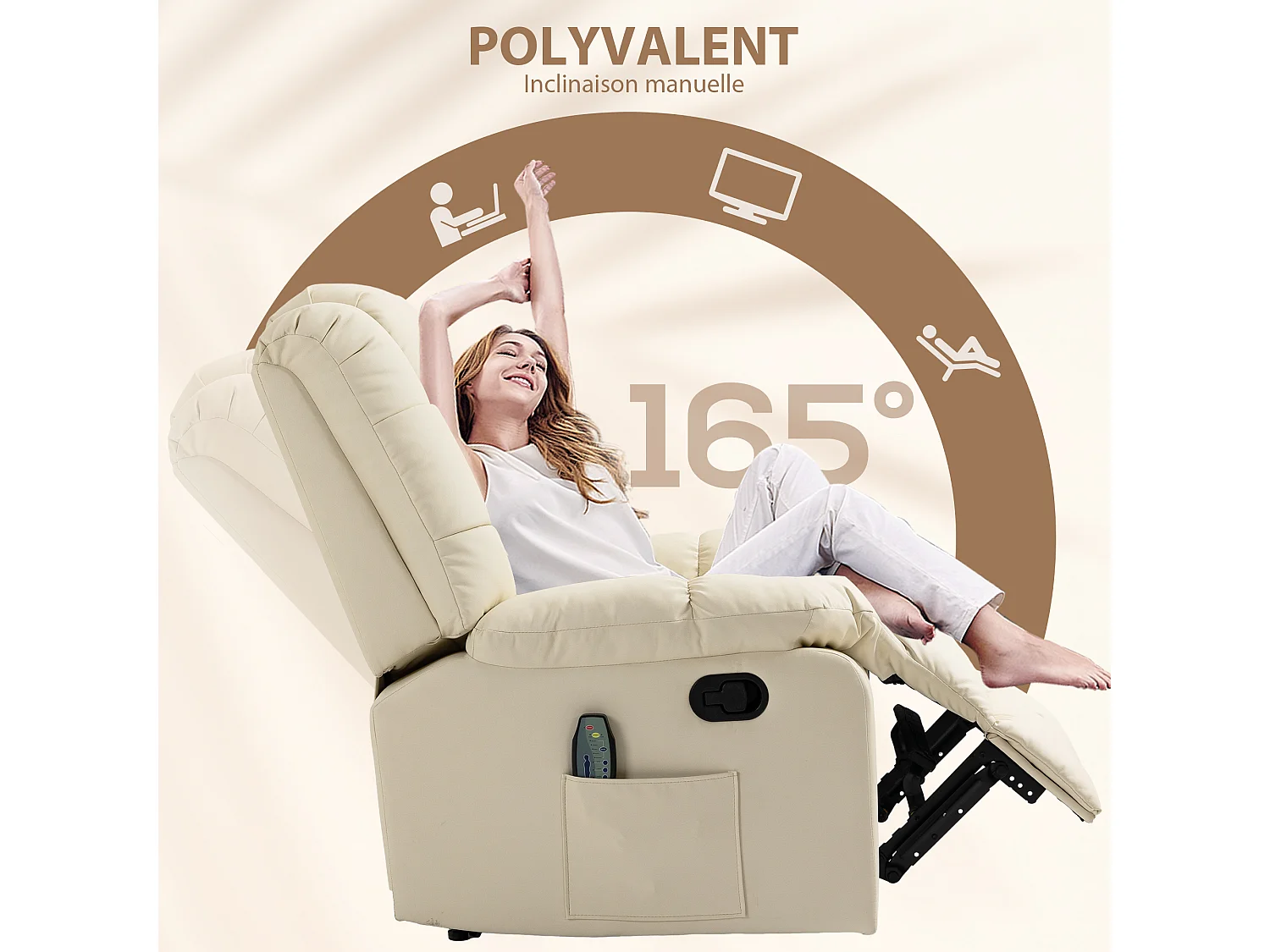 Fauteuil luxe de relaxation et massage inclinaison dossier repose-pied réglable revêtement synthétique crème