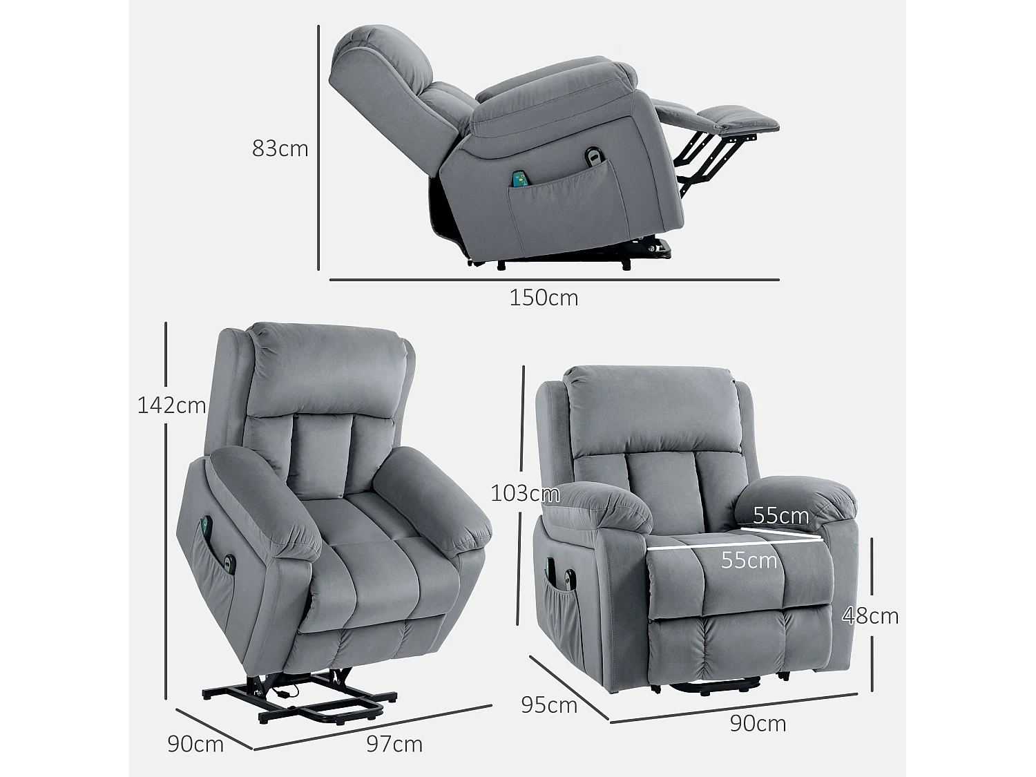 Fauteuil releveur massant chauffant inclinable - 8 points de massage - télécommande, pochette - tissu gris