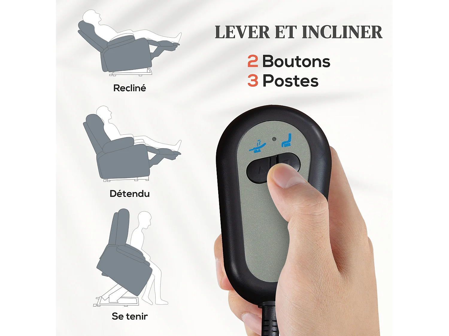Fauteuil releveur massant chauffant inclinable - 8 points de massage - télécommande, pochette - tissu gris