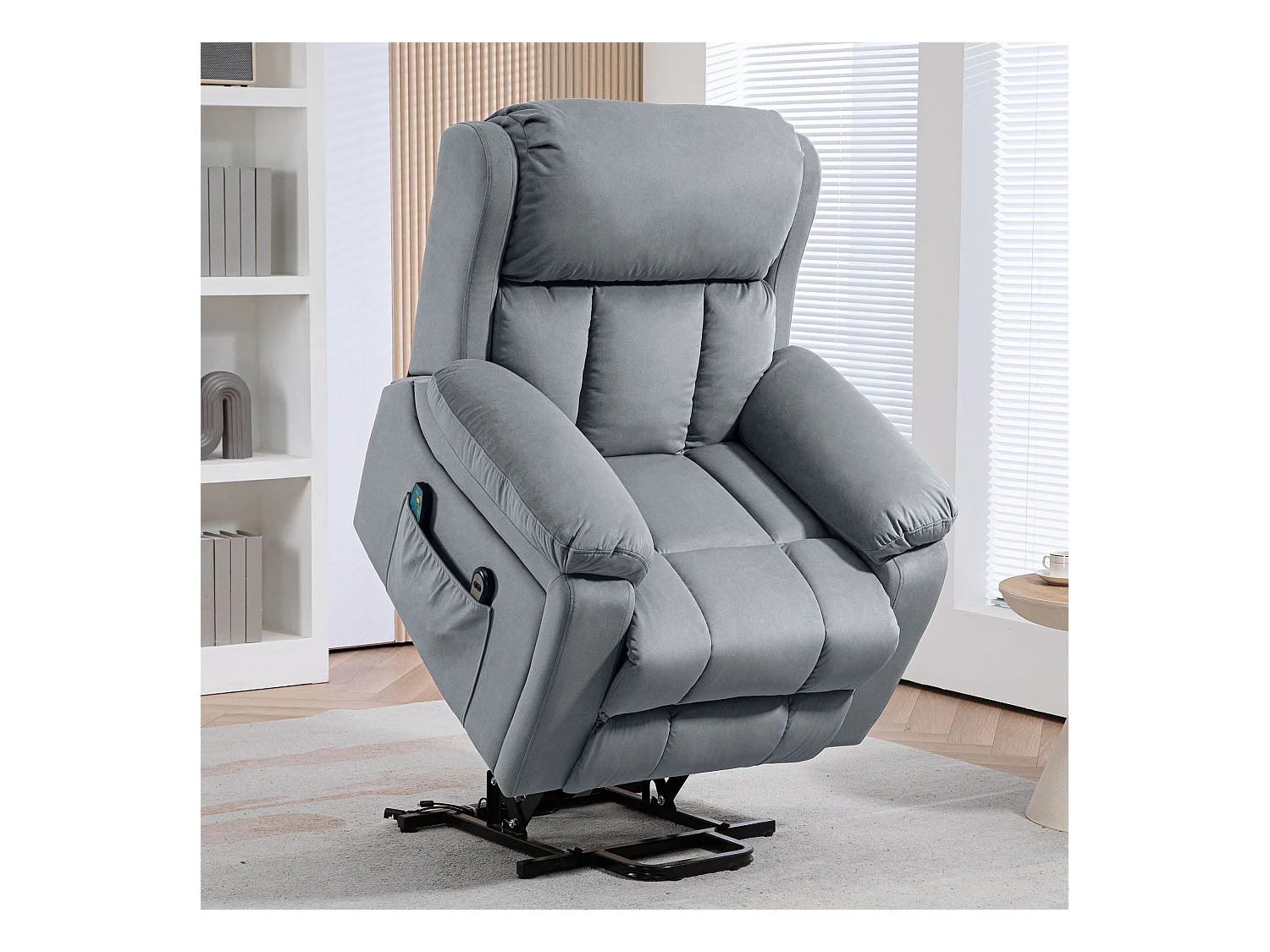 Fauteuil releveur massant chauffant inclinable - 8 points de massage - télécommande, pochette - tissu gris