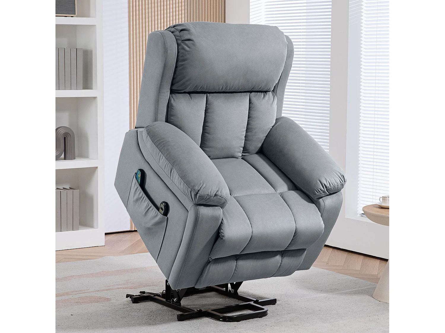 Fauteuil releveur massant chauffant inclinable - 8 points de massage - télécommande, pochette - tissu gris