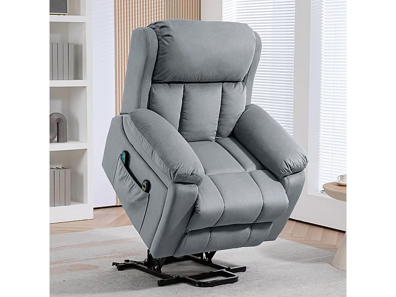 Fauteuil releveur massant chauffant inclinable - 8 points de massage - télécommande, pochette - tissu gris