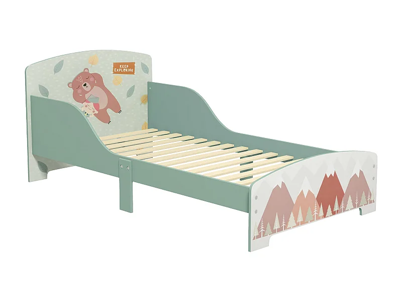 Lit pour enfant 3-6 ans design mountain adventure - sommier à lattes inclus - barrières de sécurité - vert