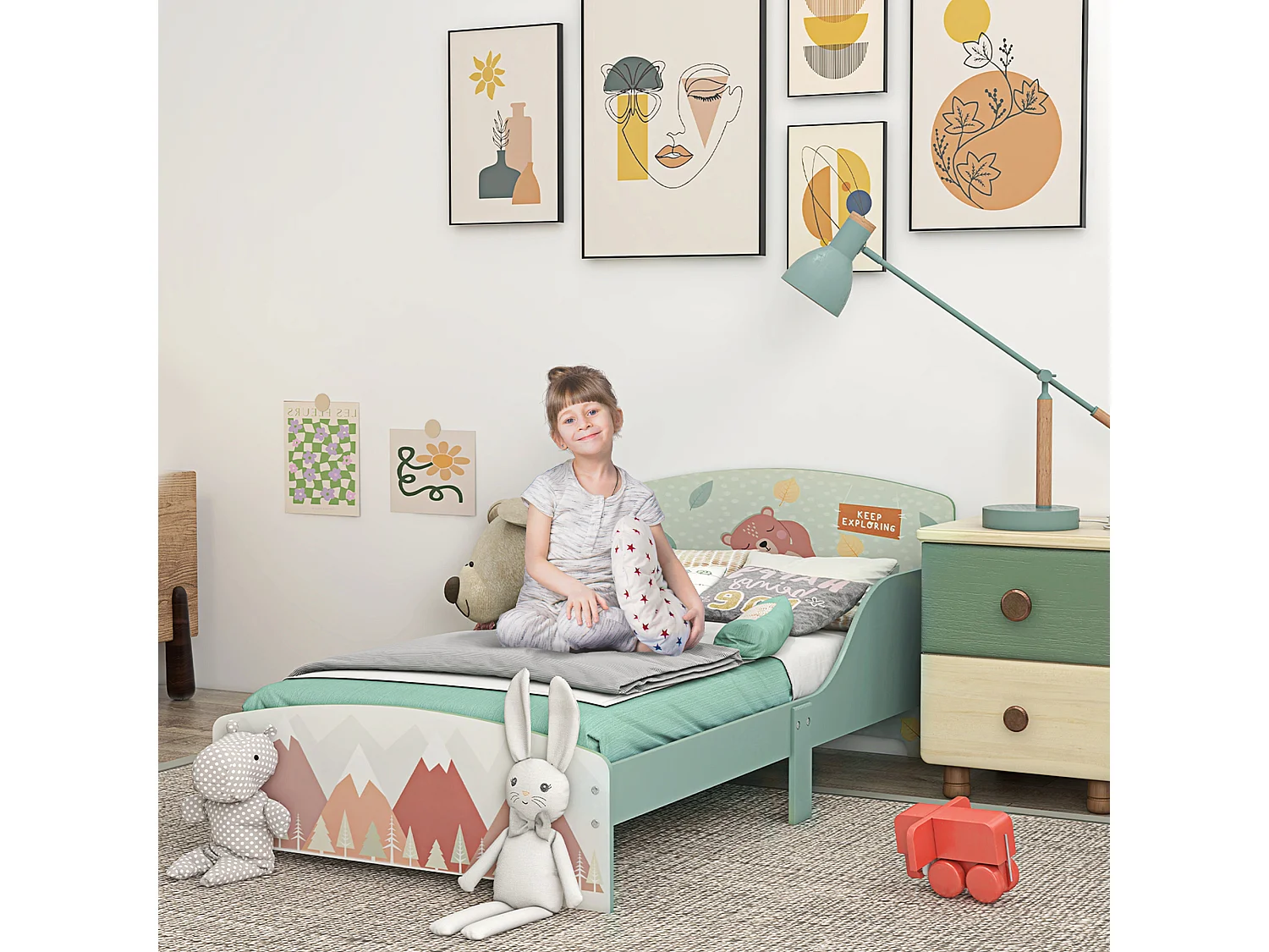 Lit pour enfant 3-6 ans design mountain adventure - sommier à lattes inclus - barrières de sécurité - vert