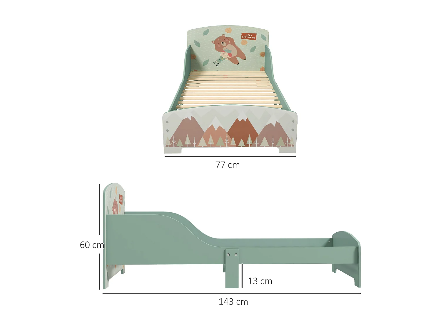 Lit pour enfant 3-6 ans design mountain adventure - sommier à lattes inclus - barrières de sécurité - vert