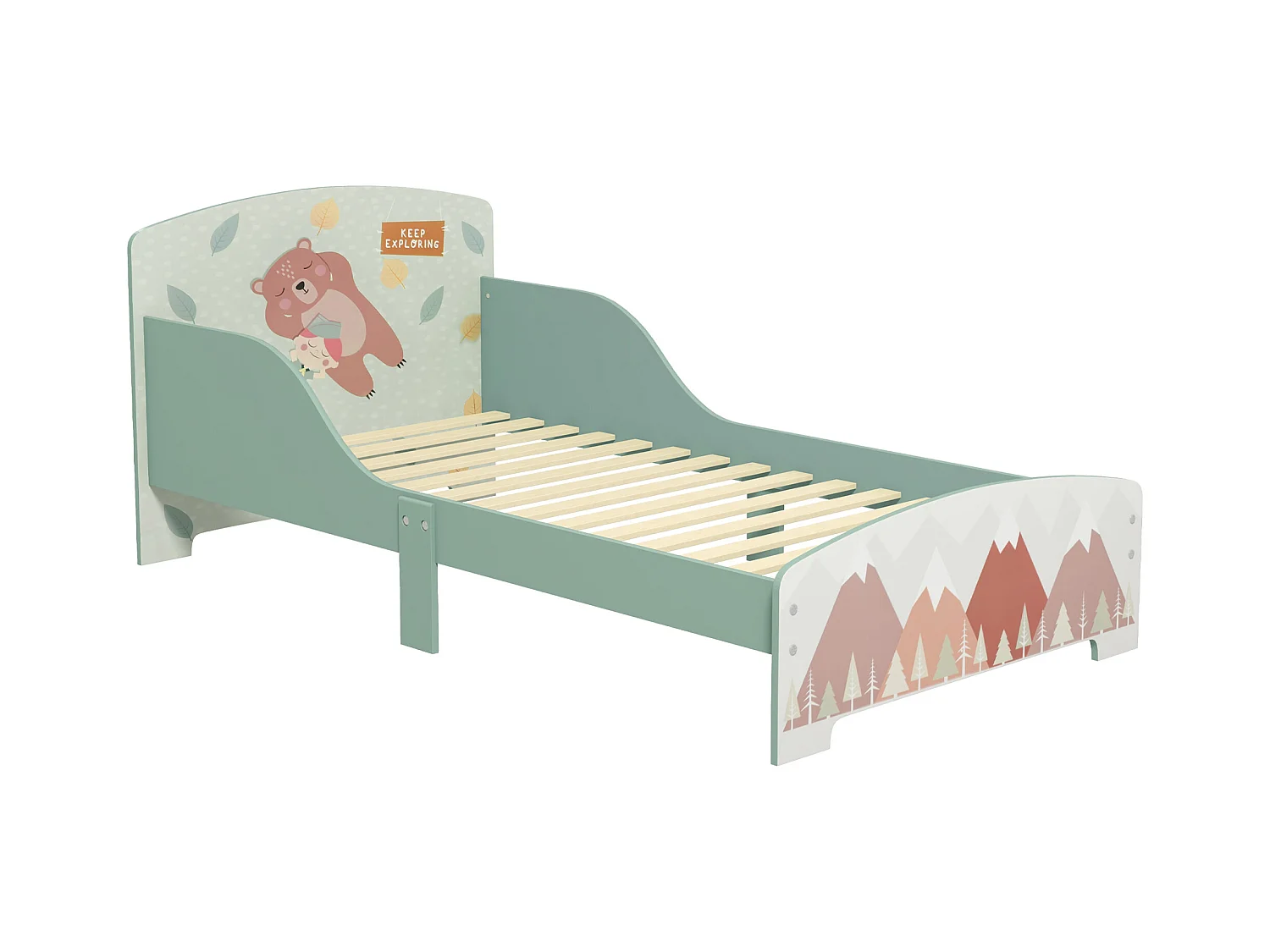 Lit pour enfant 3-6 ans design mountain adventure - sommier à lattes inclus - barrières de sécurité - vert