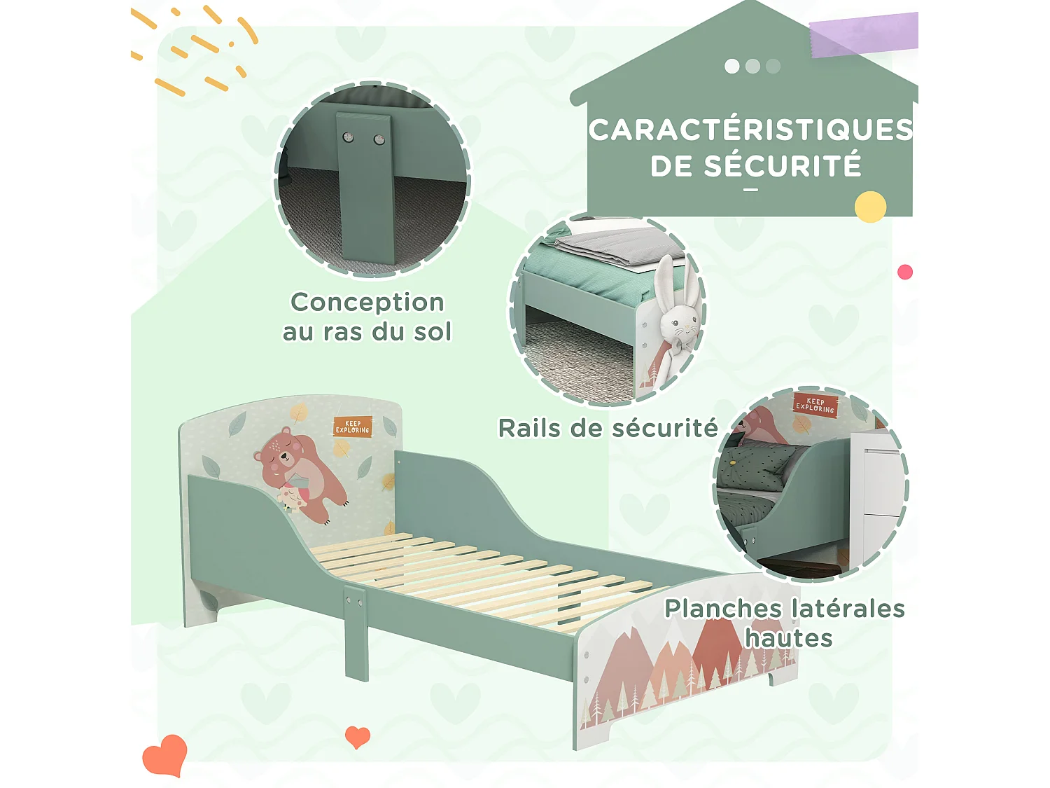 Lit pour enfant 3-6 ans design mountain adventure - sommier à lattes inclus - barrières de sécurité - vert