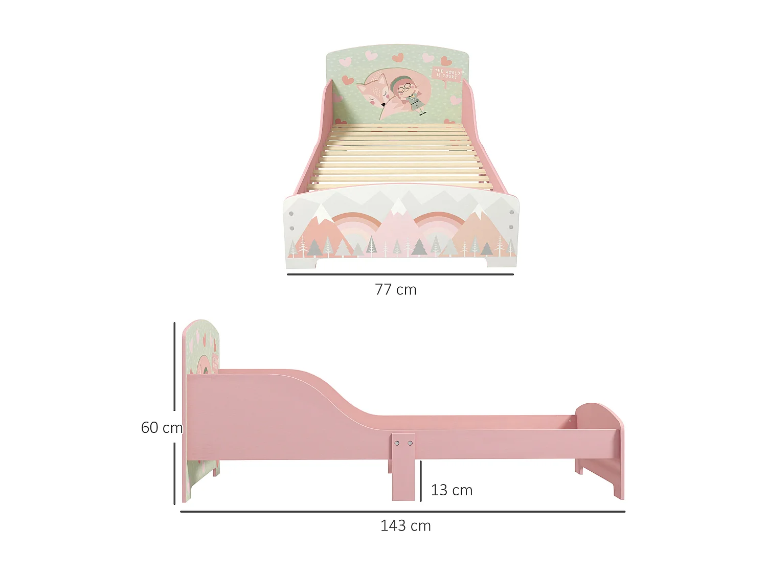 Lit pour enfant 3-6 ans design mountain adventure - sommier à lattes inclus - barrières de sécurité - rose