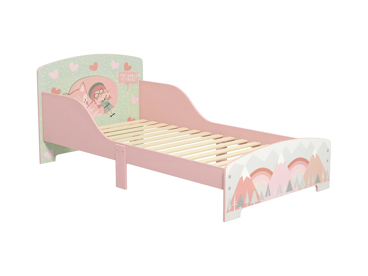 Lit pour enfant 3-6 ans design mountain adventure - sommier à lattes inclus - barrières de sécurité - rose