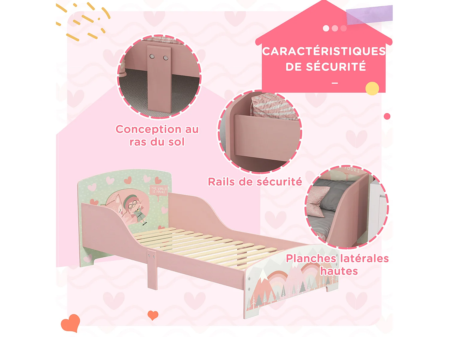 Lit pour enfant 3-6 ans design mountain adventure - sommier à lattes inclus - barrières de sécurité - rose