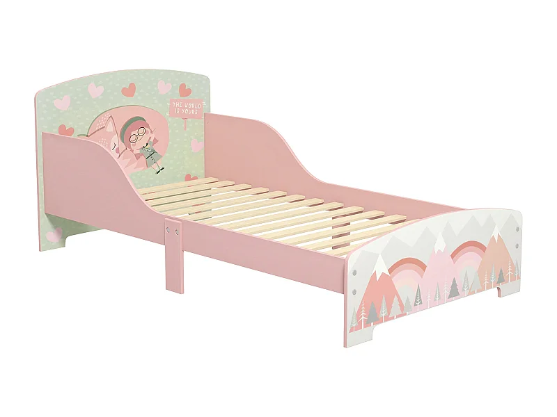 Lit pour enfant 3-6 ans design mountain adventure - sommier à lattes inclus - barrières de sécurité - rose