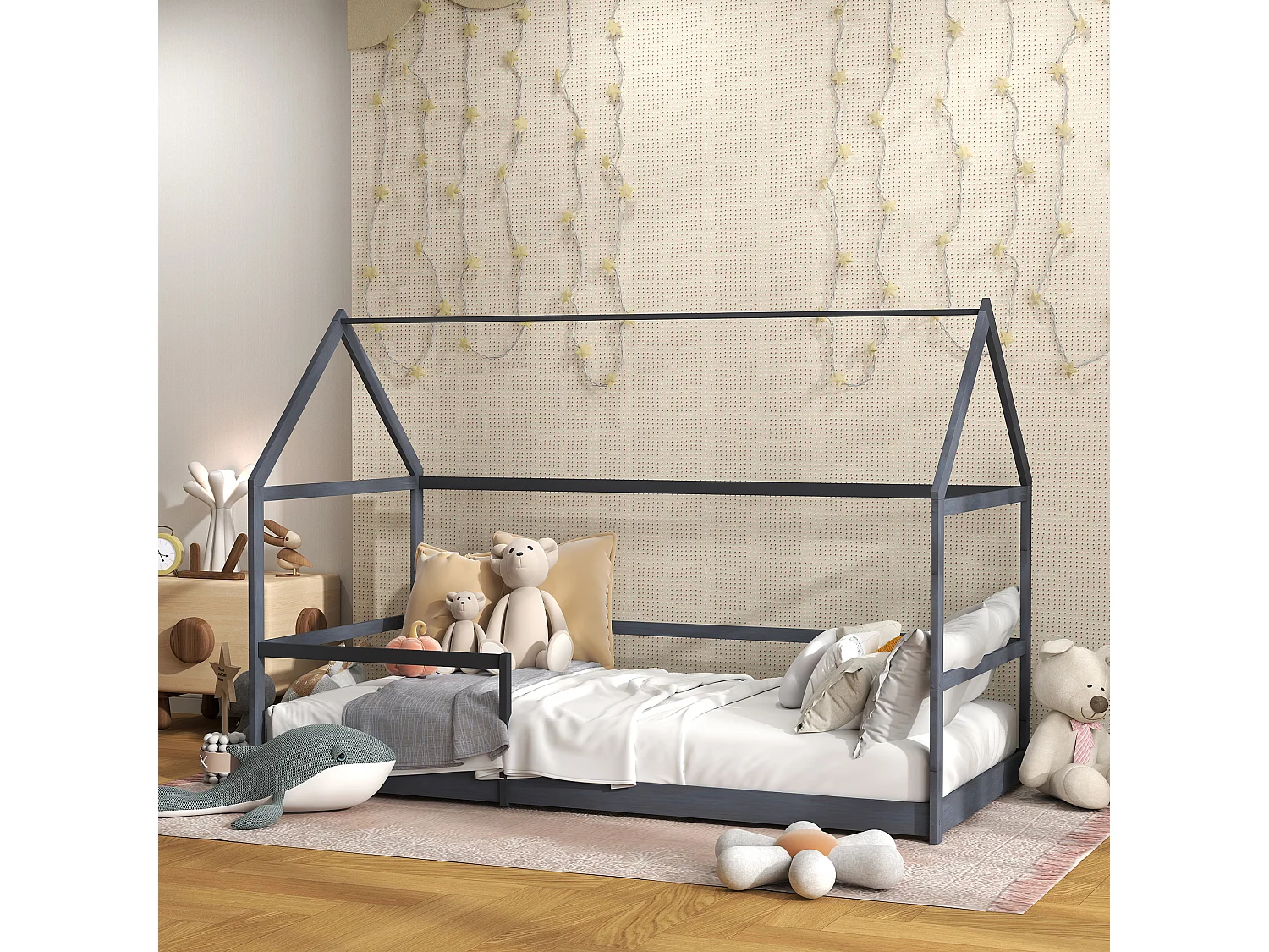 Lit cabane enfant 90x190cm - sommier et barrière inclus - bois pin panneaux gris
