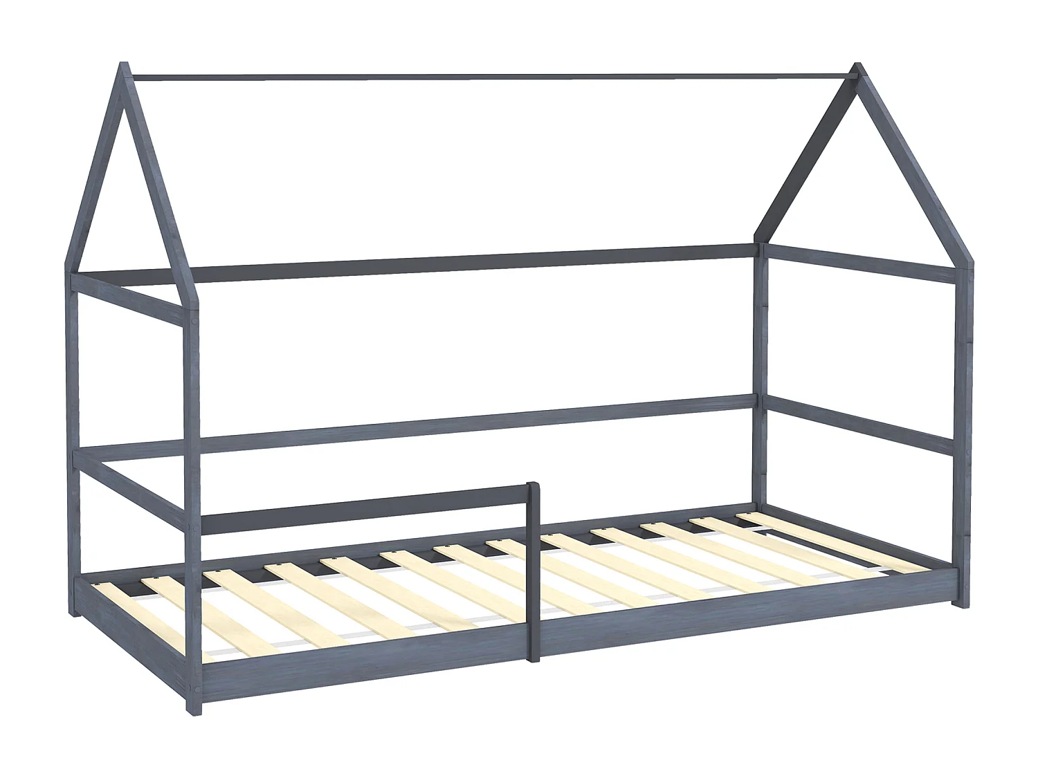 Lit cabane enfant 90x190cm - sommier et barrière inclus - bois pin panneaux gris