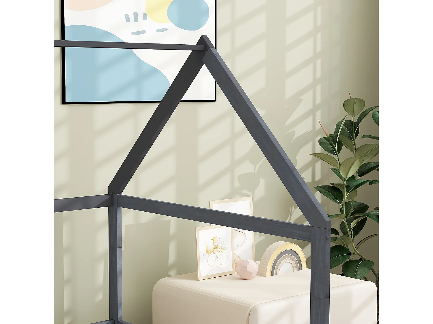 Lit cabane enfant 90x190cm - sommier et barrière inclus - bois pin panneaux gris