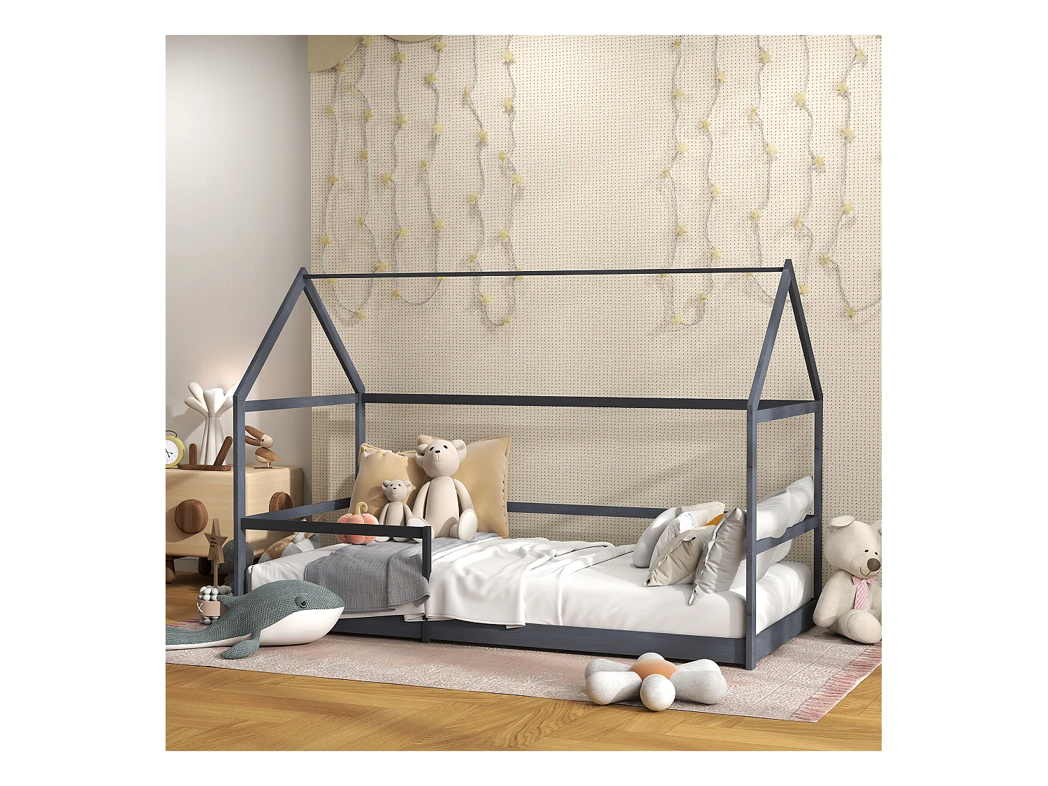 Lit cabane enfant 90x190cm - sommier et barrière inclus - bois pin panneaux gris