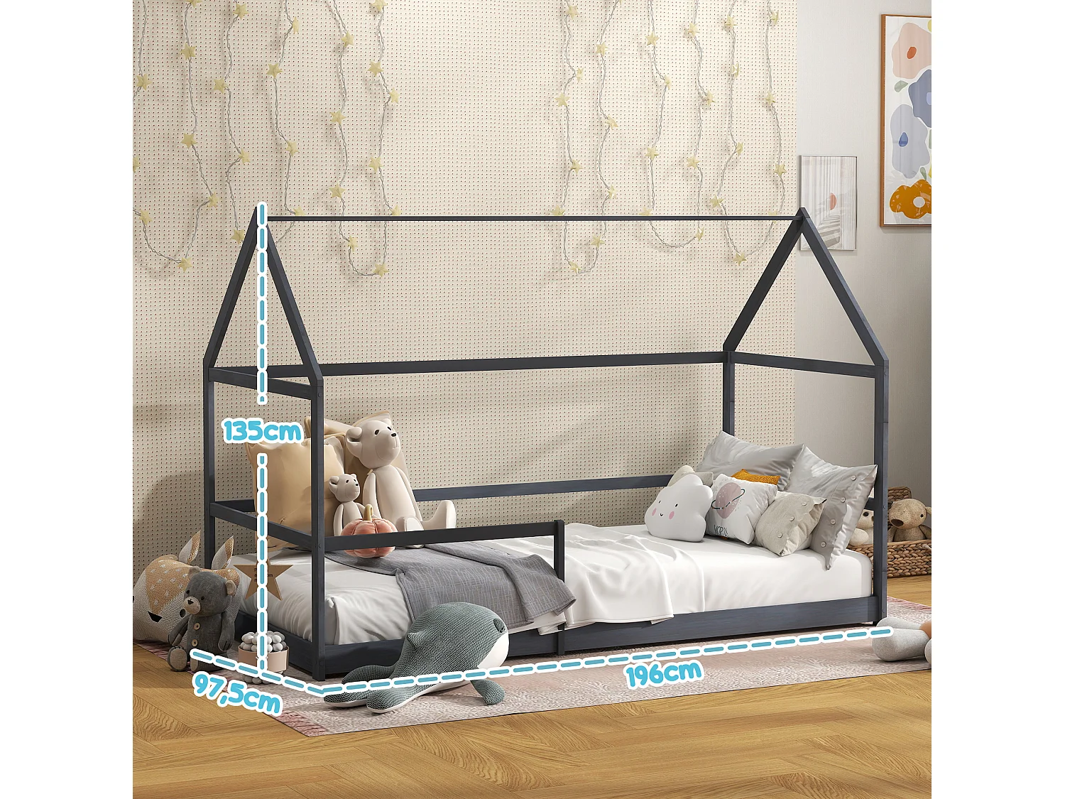 Lit cabane enfant 90x190cm - sommier et barrière inclus - bois pin panneaux gris