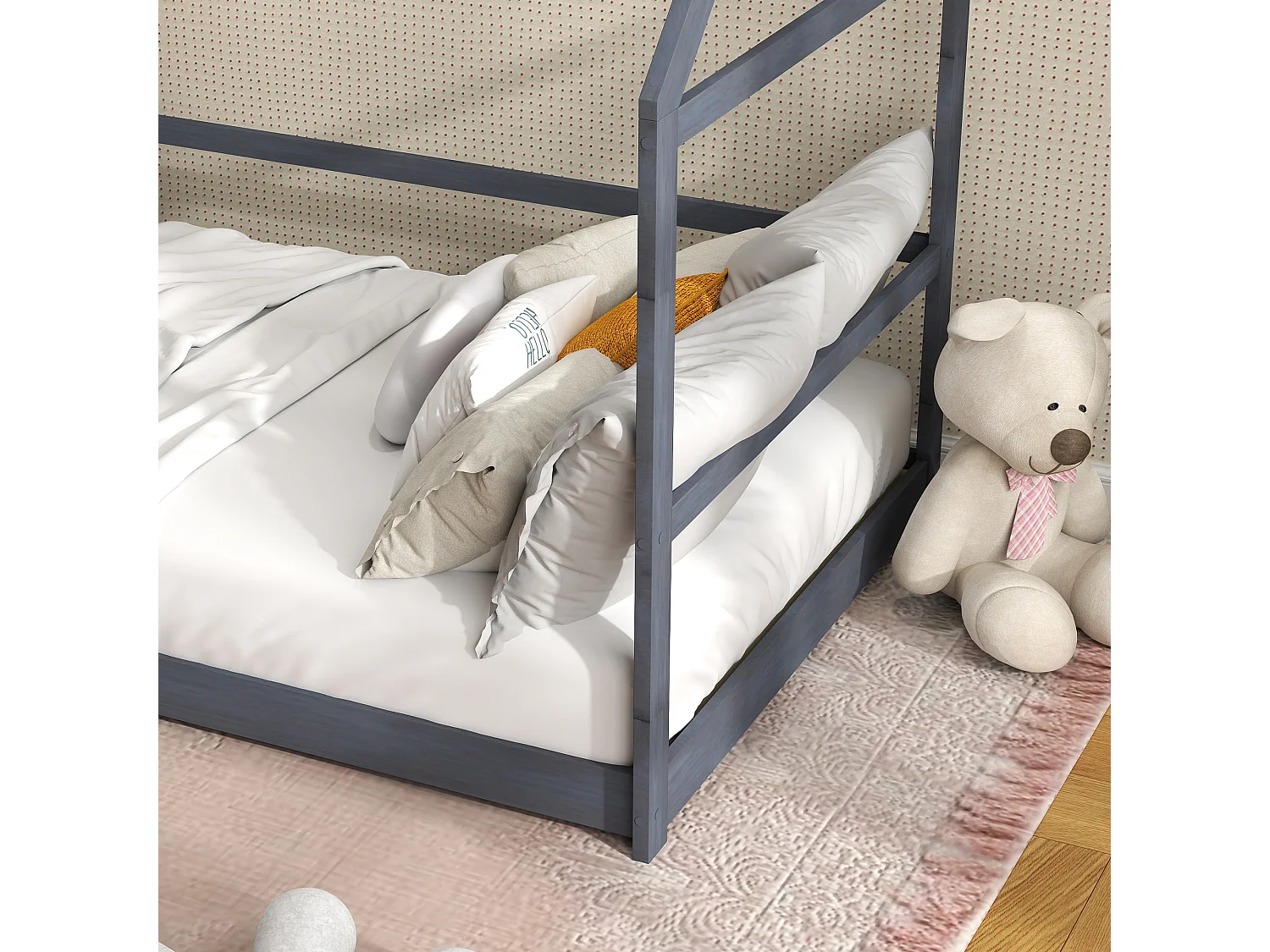 Lit cabane enfant 90x190cm - sommier et barrière inclus - bois pin panneaux gris