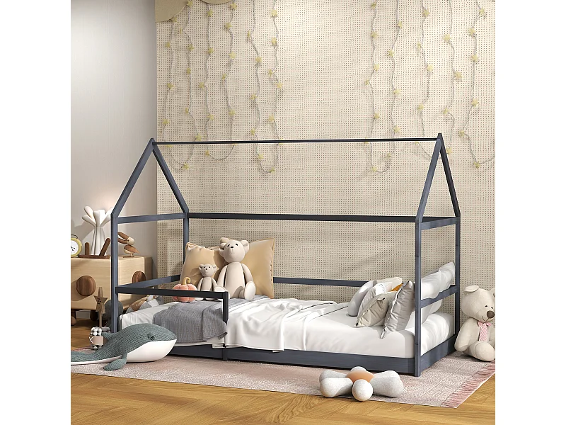 Lit cabane enfant 90x190cm - sommier et barrière inclus - bois pin panneaux gris
