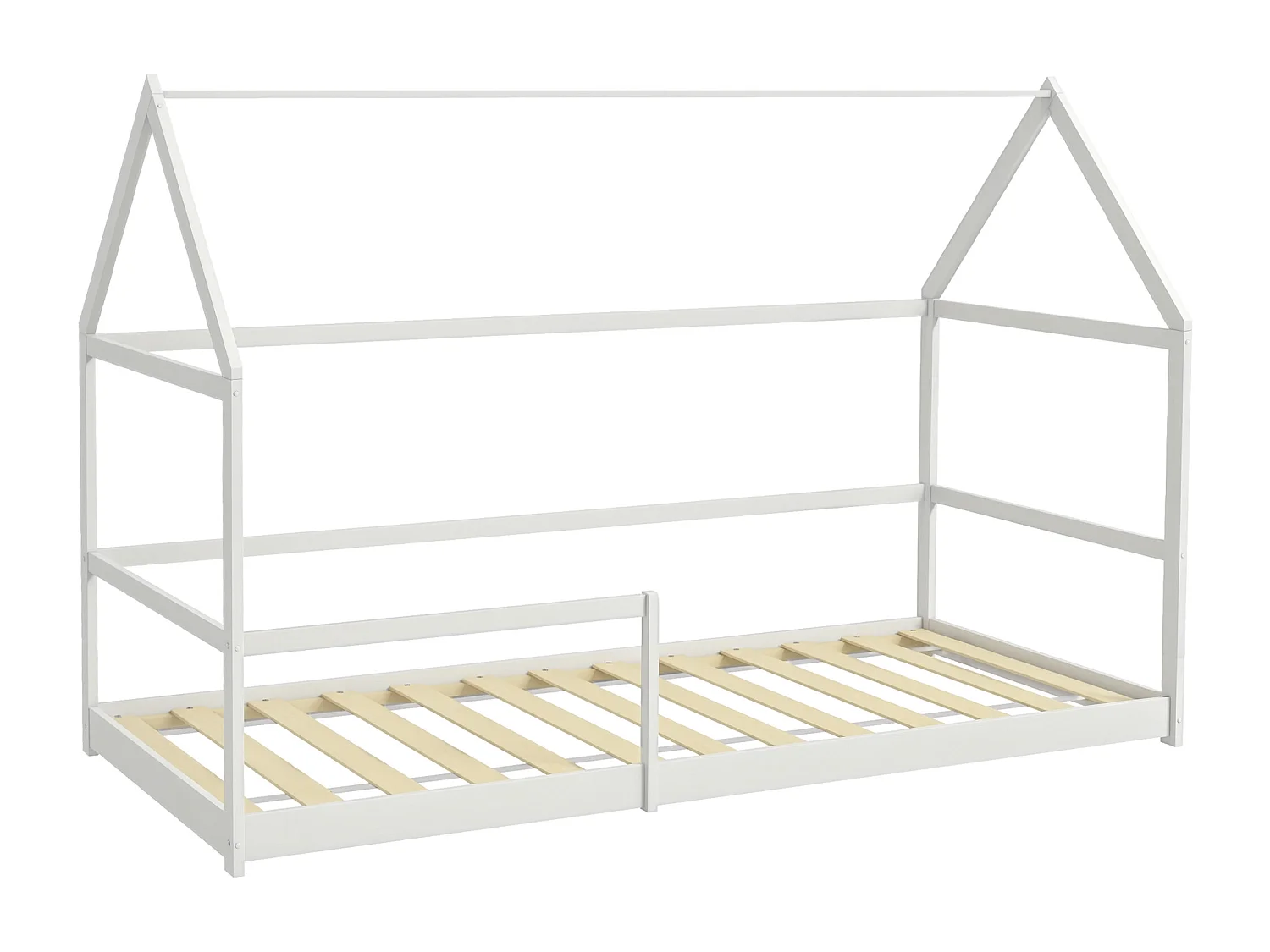 Lit cabane enfant 90x190cm - sommier et barrière inclus - bois pin panneaux blanc