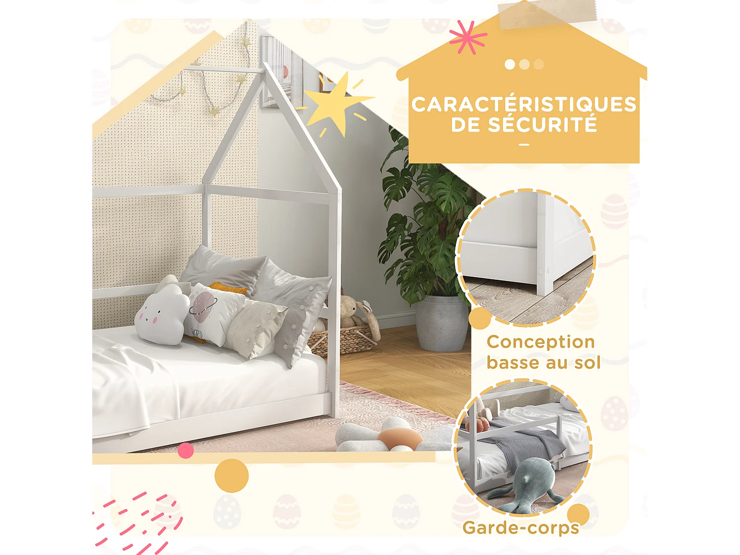 Lit cabane enfant 90x190cm - sommier et barrière inclus - bois pin panneaux blanc