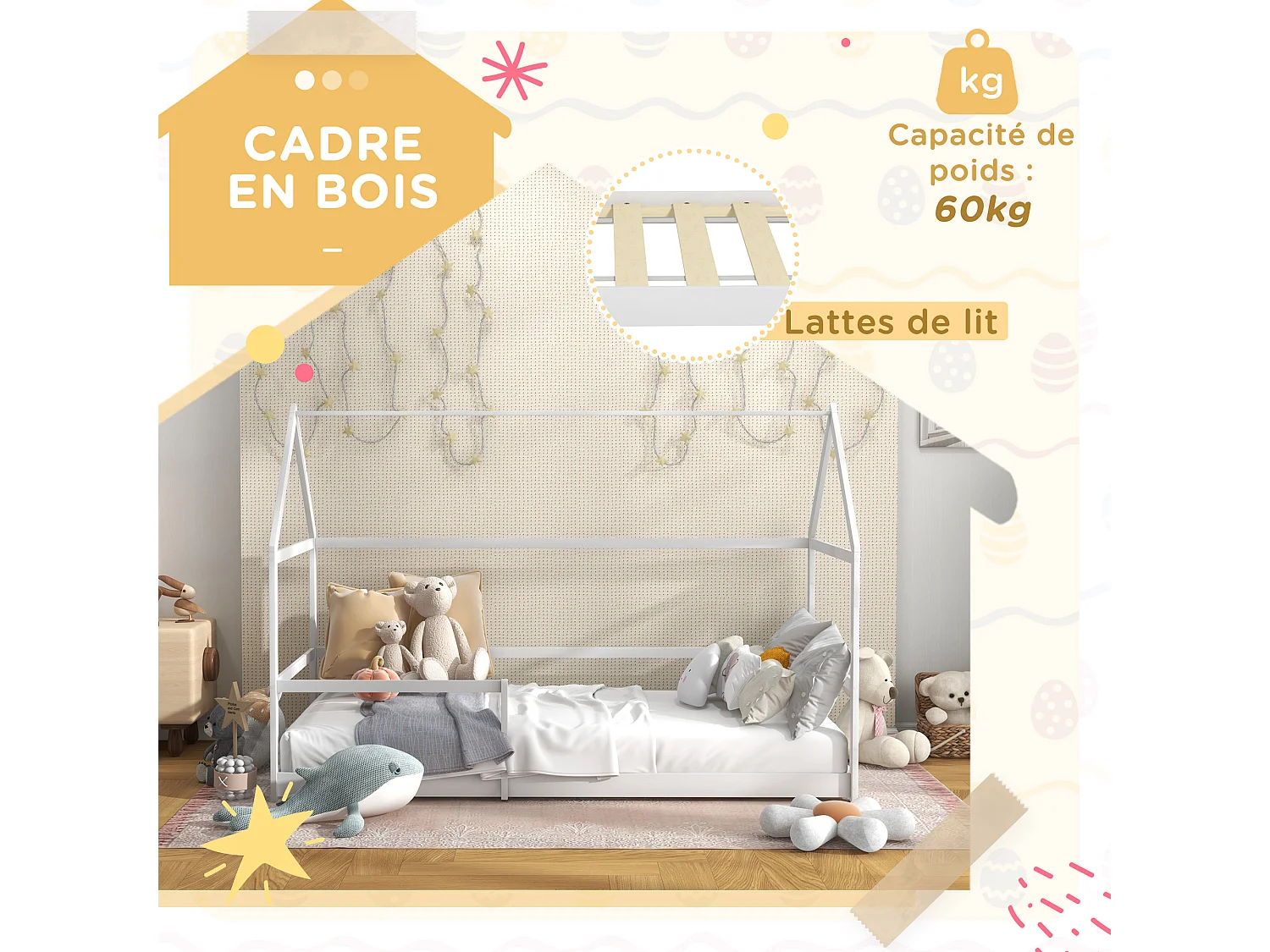 Lit cabane enfant 90x190cm - sommier et barrière inclus - bois pin panneaux blanc