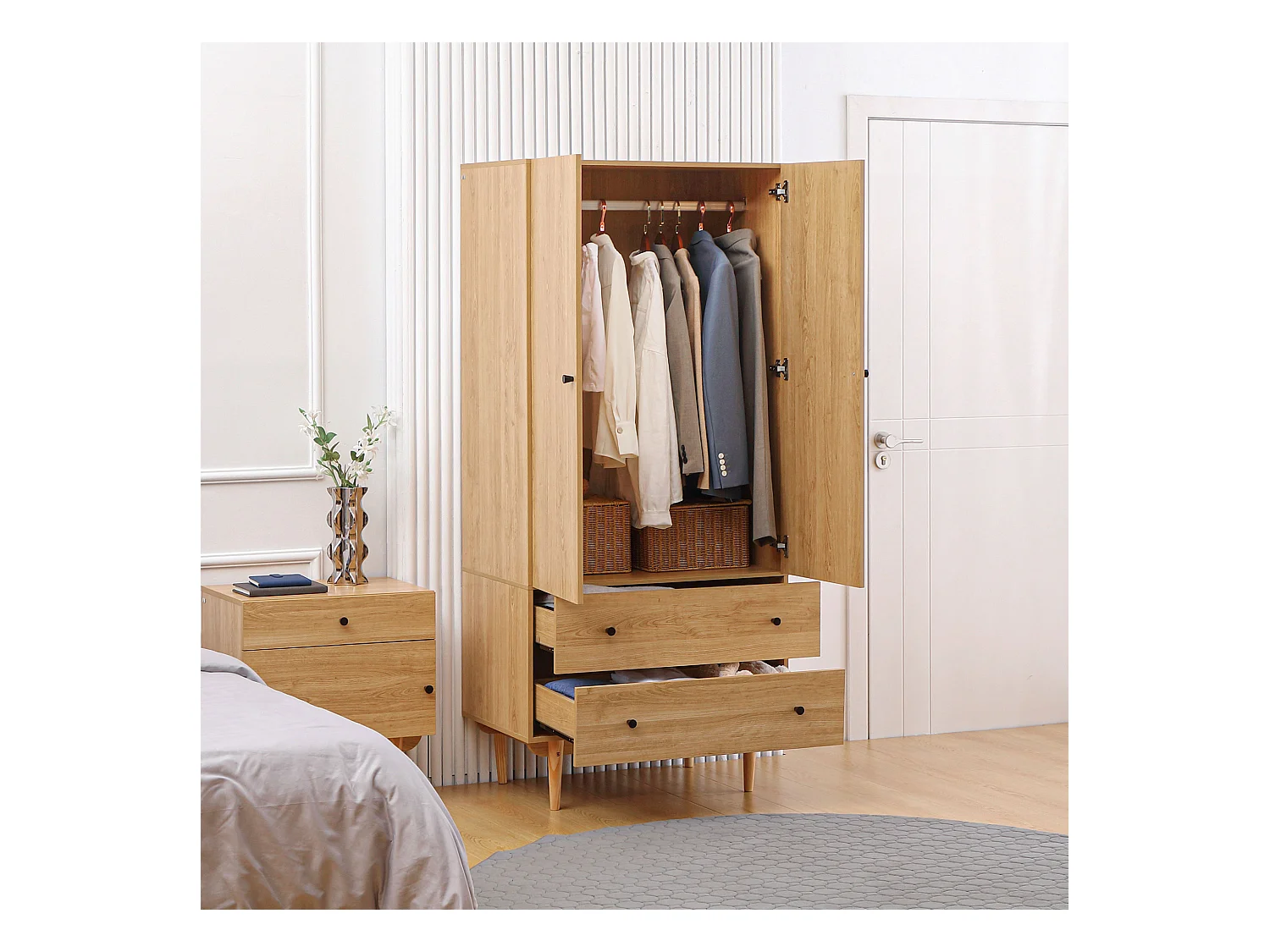 Armoire design scandinave - 2 portes, penderie, 2 tiroirs - piètement bois de pin panneaux aspect bois clair