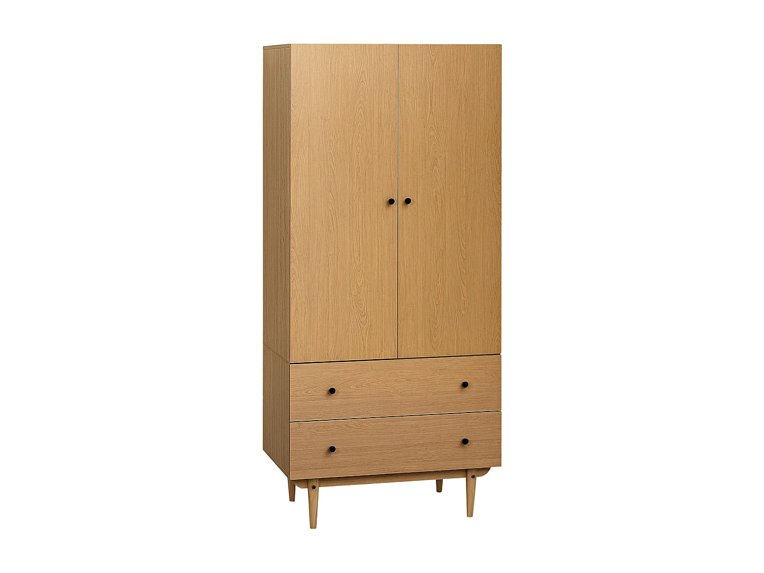 Armoire design scandinave - 2 portes, penderie, 2 tiroirs - piètement bois de pin panneaux aspect bois clair