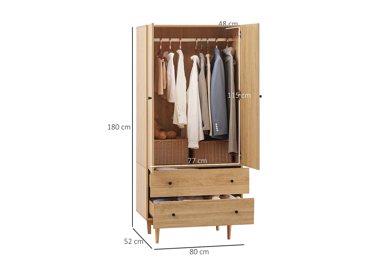 Armoire design scandinave - 2 portes, penderie, 2 tiroirs - piètement bois de pin panneaux aspect bois clair
