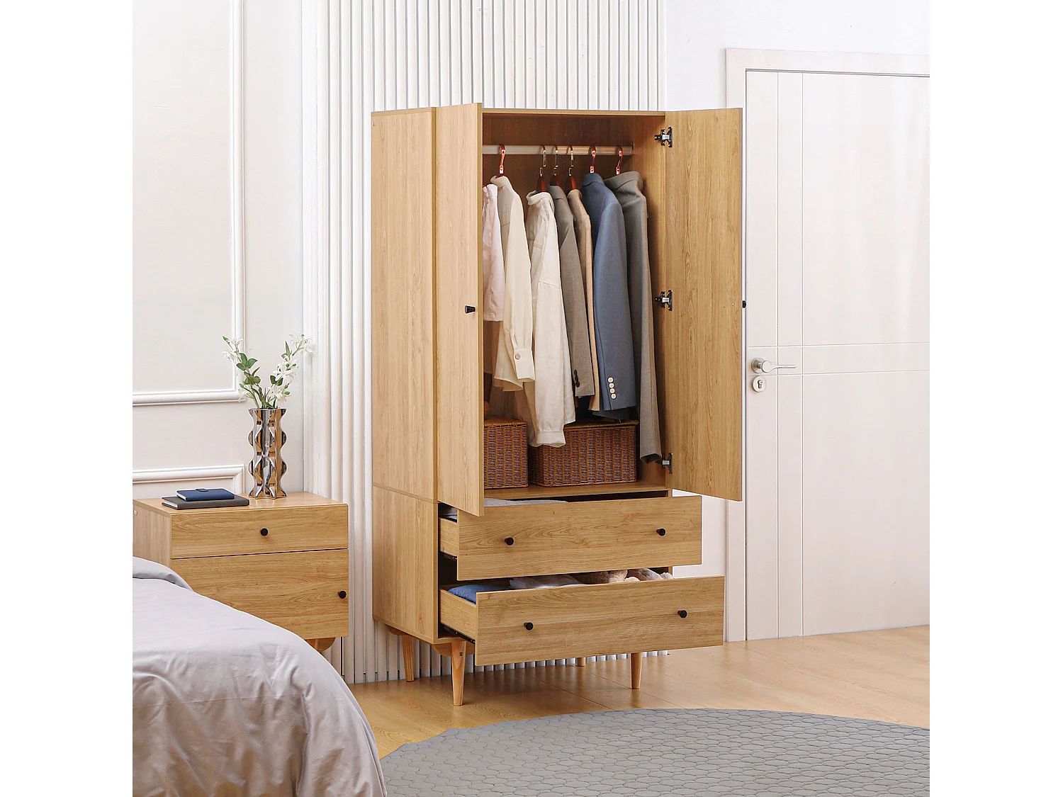 Armoire design scandinave - 2 portes, penderie, 2 tiroirs - piètement bois de pin panneaux aspect bois clair