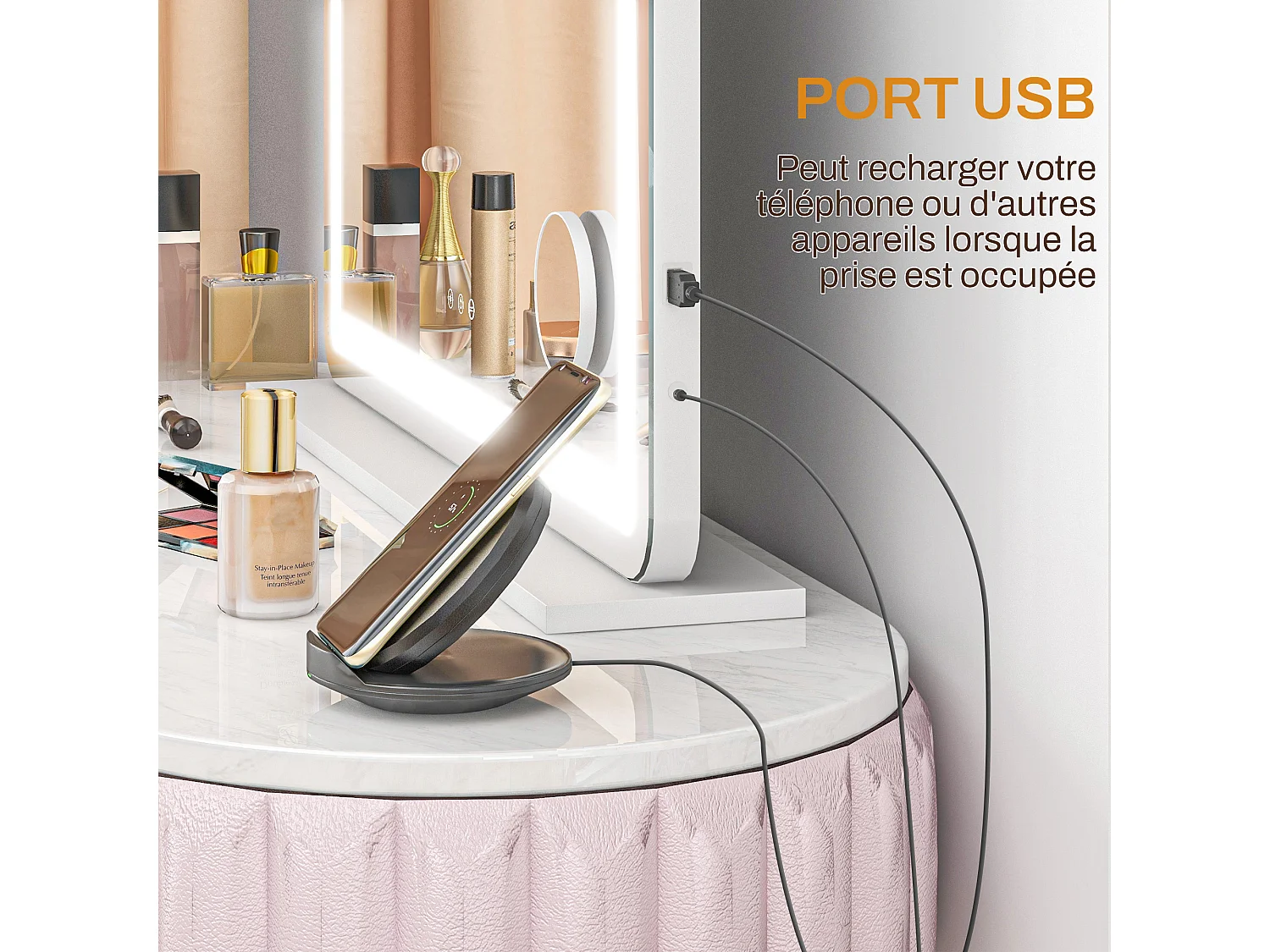 Miroir Lumineux LED tactile intensité 3 modes d'éclairage grossissement 10X charge USB