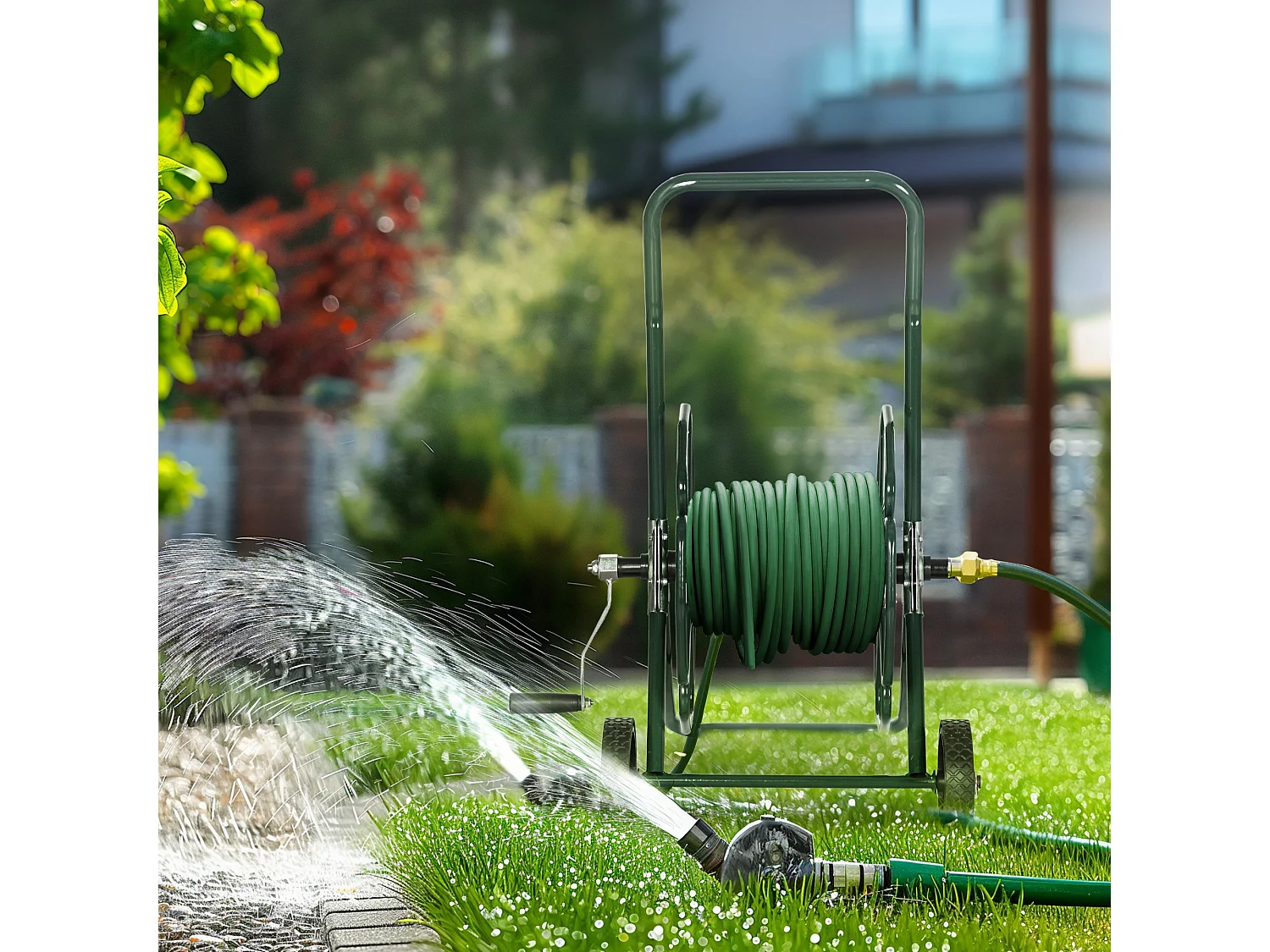 Dévidoir sur 2 roues 30 m - dévidoir métal - dévidoir chariot - enrouleur tuyau d'arrosage - métal vert