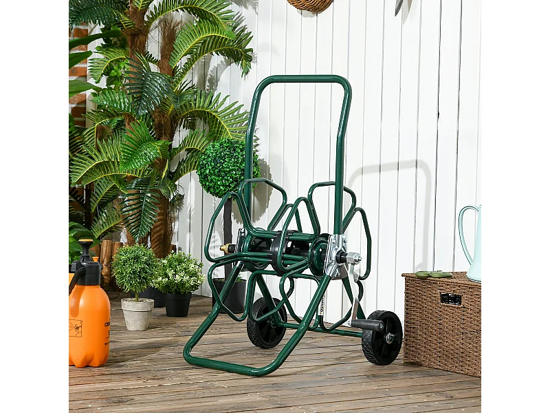 Dévidoir sur 2 roues 30 m - dévidoir métal - dévidoir chariot - enrouleur tuyau d'arrosage - métal vert