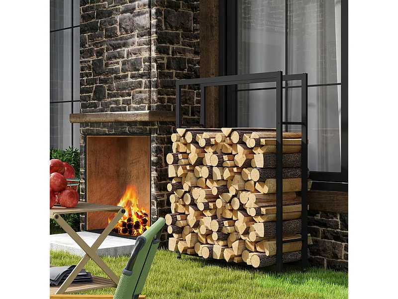 Range-bûches chariot 4 roues - intérieur/extérieur - charge max. 150 Kg - dim. 120L x 32l x 151H cm - métal noir