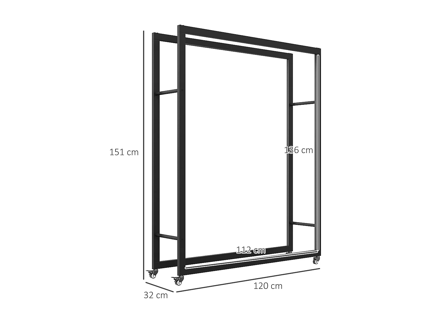 Range-bûches chariot 4 roues - intérieur/extérieur - charge max. 150 Kg - dim. 120L x 32l x 151H cm - métal noir