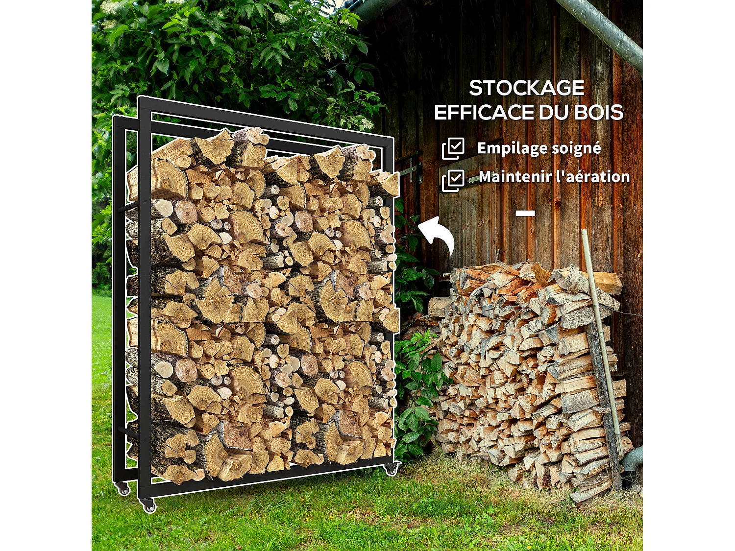 Range-bûches chariot 4 roues - intérieur/extérieur - charge max. 150 Kg - dim. 120L x 32l x 151H cm - métal noir