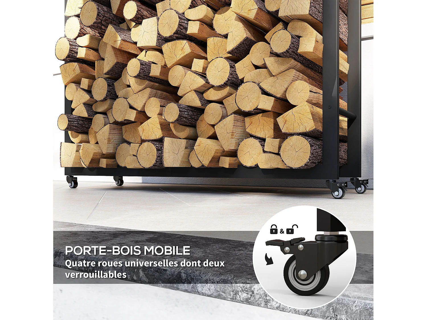 Range-bûches chariot 4 roues - intérieur/extérieur - charge max. 150 Kg - dim. 120L x 32l x 151H cm - métal noir