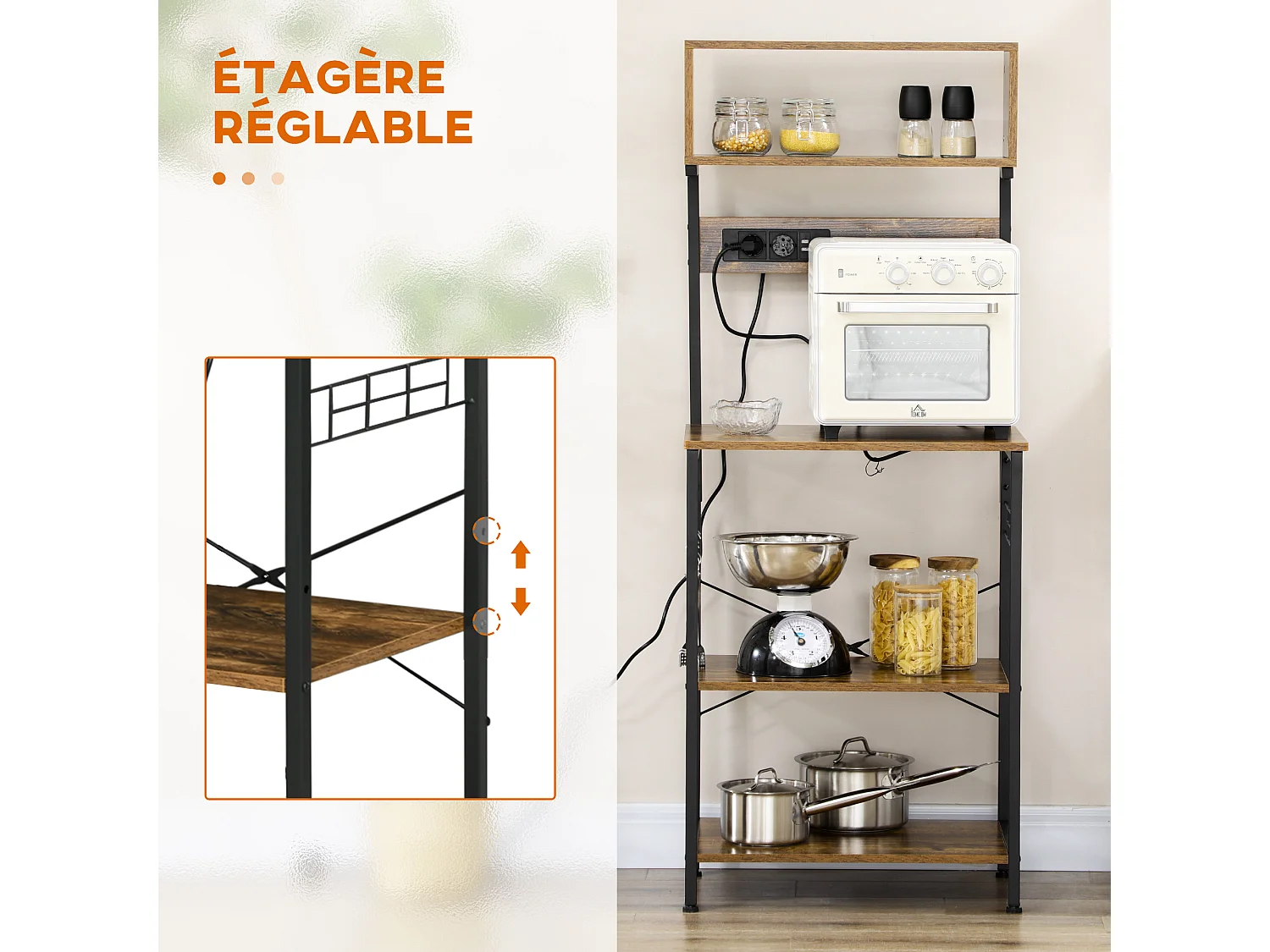 Étagère de cuisine avec multiprise et 2 chargeurs USB - 2 étagères, plateau, niche, 5 crochets - acier noir aspect bois vieilli